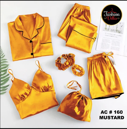 7pcs Silk Night Suit - Mustarad