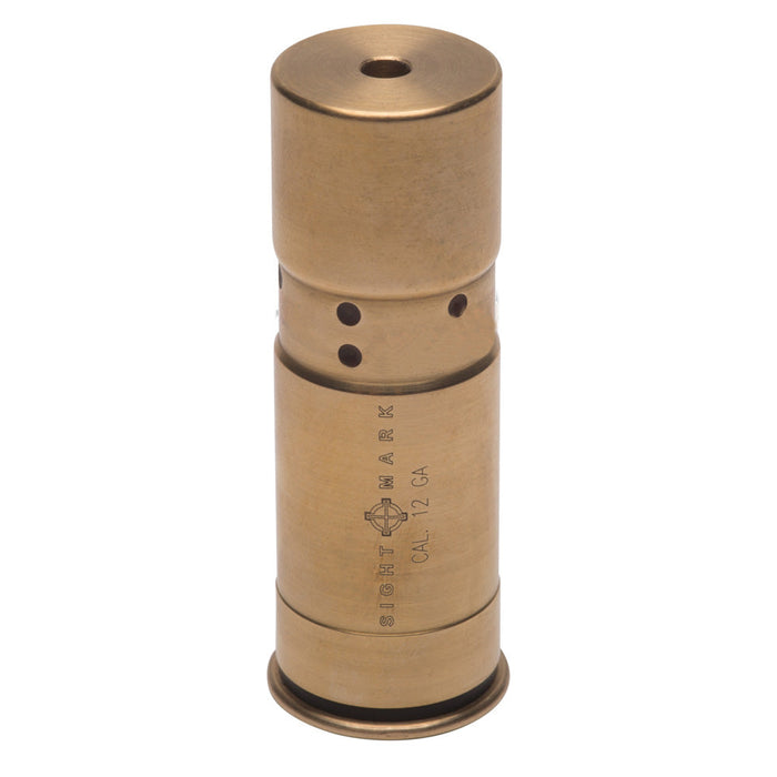 Bottom view of Accudot 12 gauge boresight showing charging contacts and battery compartment