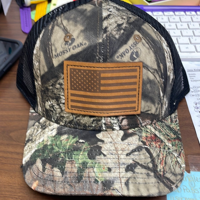 American Flag Leather Patch HW-LAF-BUC-BLK Camo/Black Back Snap Back Trucker Cap