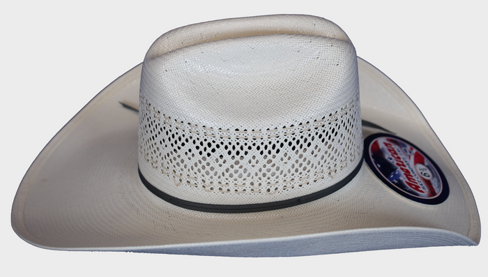 American Hat company straw hat side view.