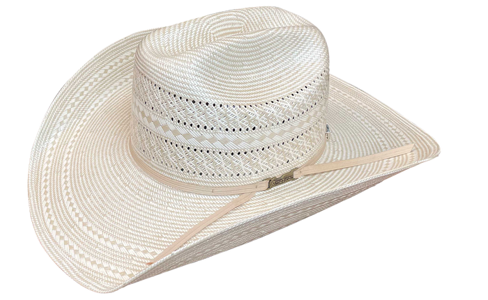A white straw hat with a leather sweatband, featuring a rancher crease crown and cool hand Luke brim.