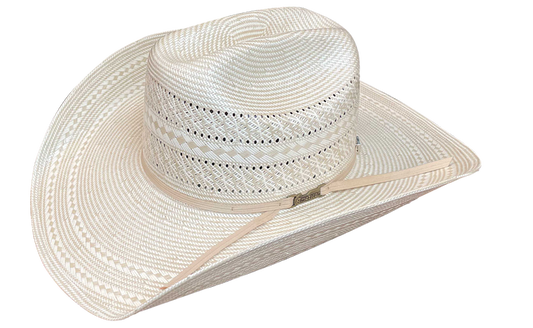 A white straw hat with a leather sweatband, featuring a rancher crease crown and cool hand Luke brim.