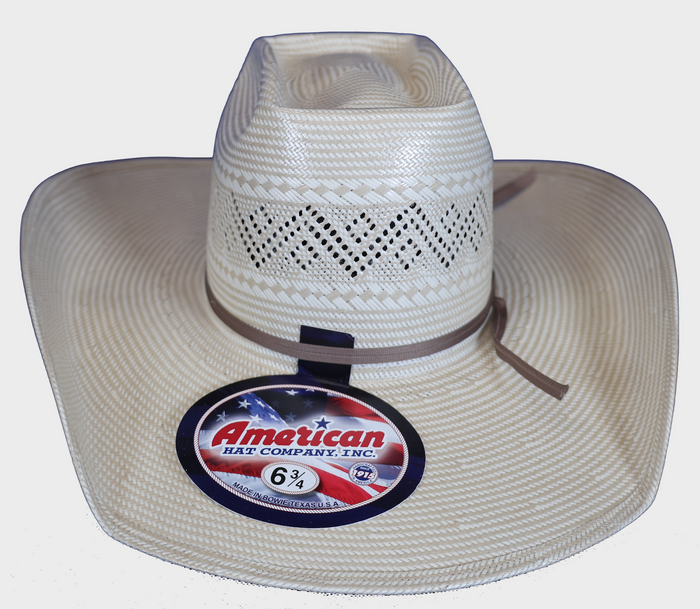 American Hat Company straw cowboy hat with Up North crown shape.