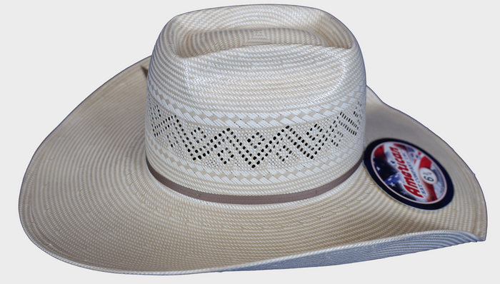 American Hat Company straw cowboy hat with Up North crown shape, side view.