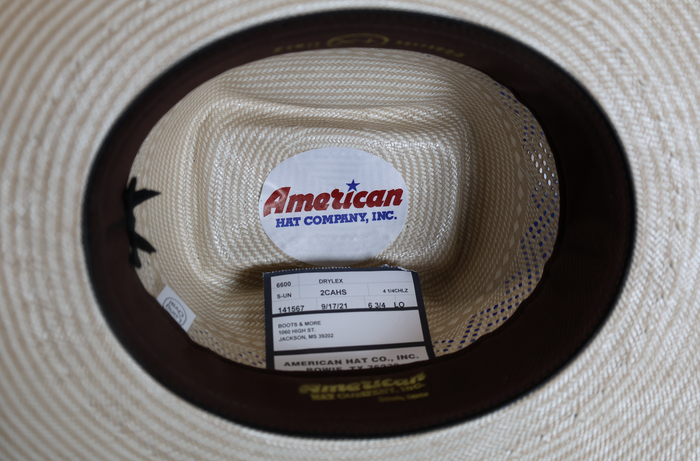 American Hat Company straw cowboy hat with Up North crown shape, inside view.
