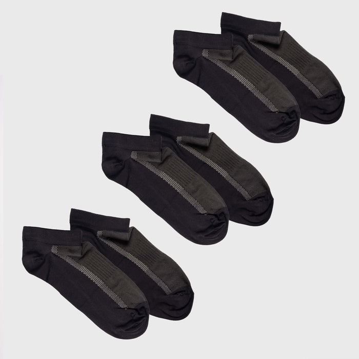 Three pairs of black and dark gray ankle socks with a gray vertical stripe detail, neatly arranged on a light gray background.