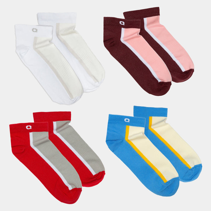 Four pairs of crew socks are arranged in pairs: white, burgundy and pink, red and gray, and light yellow with blue and yellow stripes, all with small white logos near the cuffs.