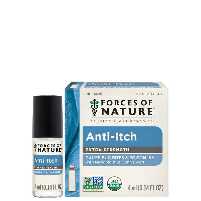 Front view of Anti-Itch Extra Strength 4 ml rollerball and box showcasing label text and rollerball applicator on white background