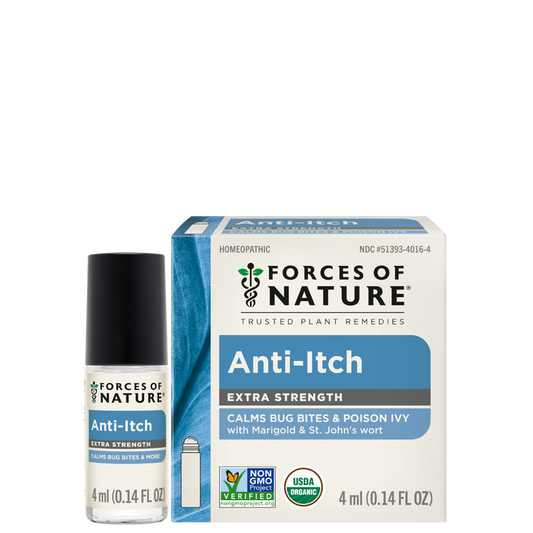 Front view of Anti-Itch Extra Strength 4 ml rollerball and box showcasing label text and rollerball applicator on white background