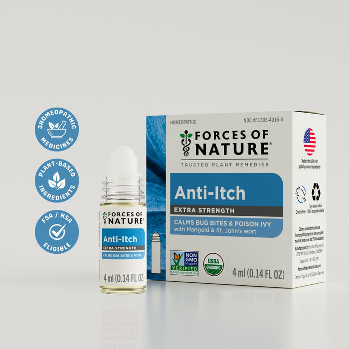 Front of Anti-Itch Extra Strength 4 ml roll-on and box showing ‘Calms bug bites and poison ivy’ on light gray background