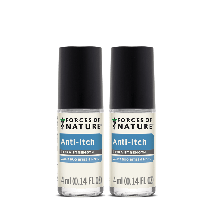 Front view of two Anti-Itch Extra Strength 4 ml rollerball bottles showcasing product labels and black caps on a white background