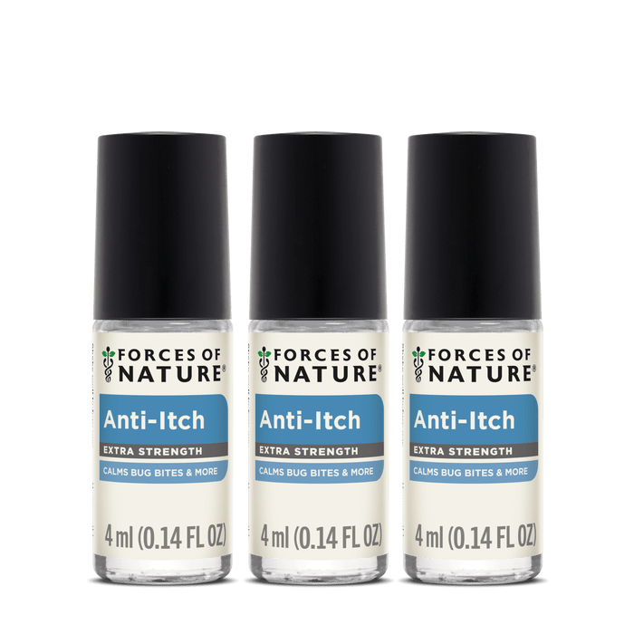 Front view of three 4 ml Anti-Itch Extra Strength rollerball bottles showcasing product labels on white background