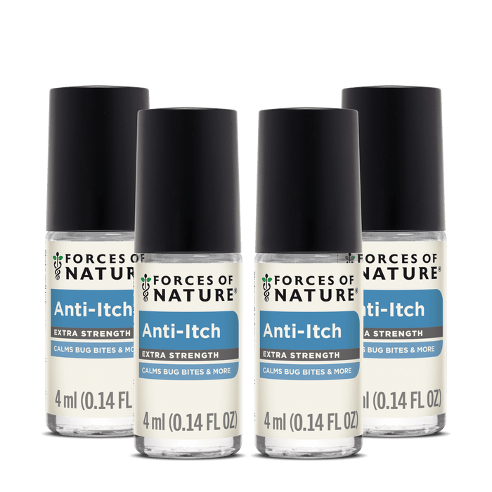 Front view of four Anti-Itch Extra Strength 4 ml rollerball bottles showing labels and black caps on white background