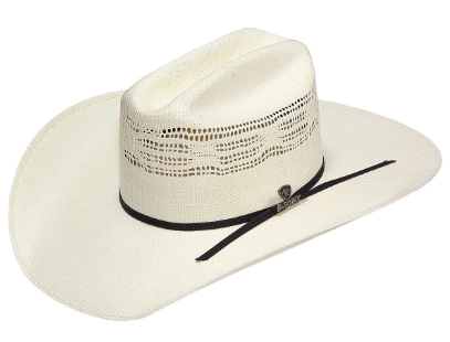 A white Ariat Bangora Western hat with a black hatband and leather sweatband.