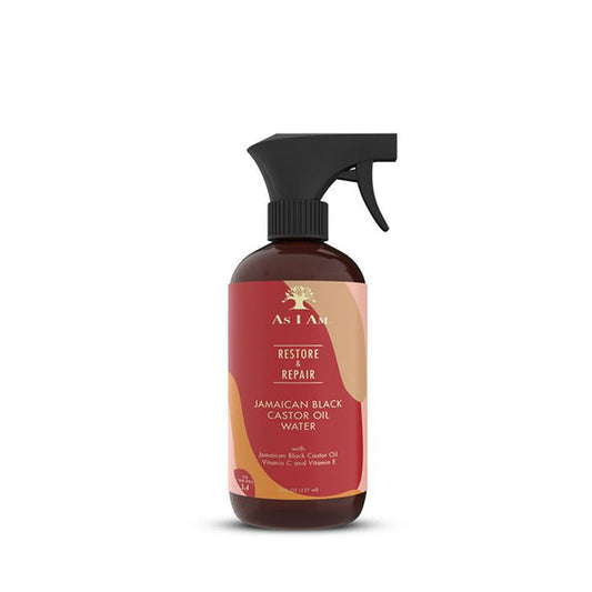 AS I AM Jamaican black castor oil spray in a brown bottle with black trigger spray for hair care