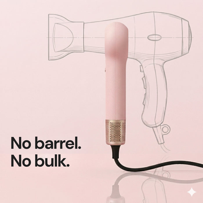 Pink L'ange hair dryer shown in front of a sketched outline of a traditional bulky hair dryer, with text "No barrel. No bulk."