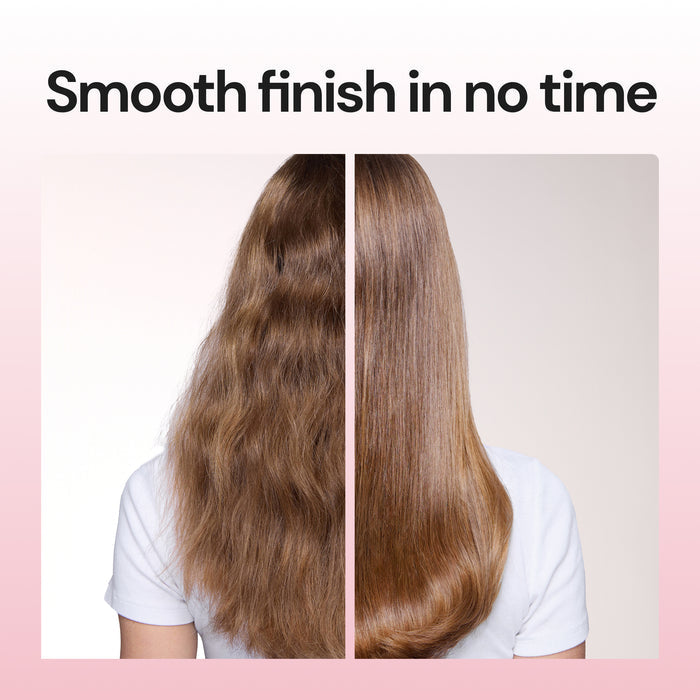 Before and after comparison of a woman's hair from the back, showing wavy textured hair on the left and smooth straight hair on the right, with text "Smooth finish in no time."