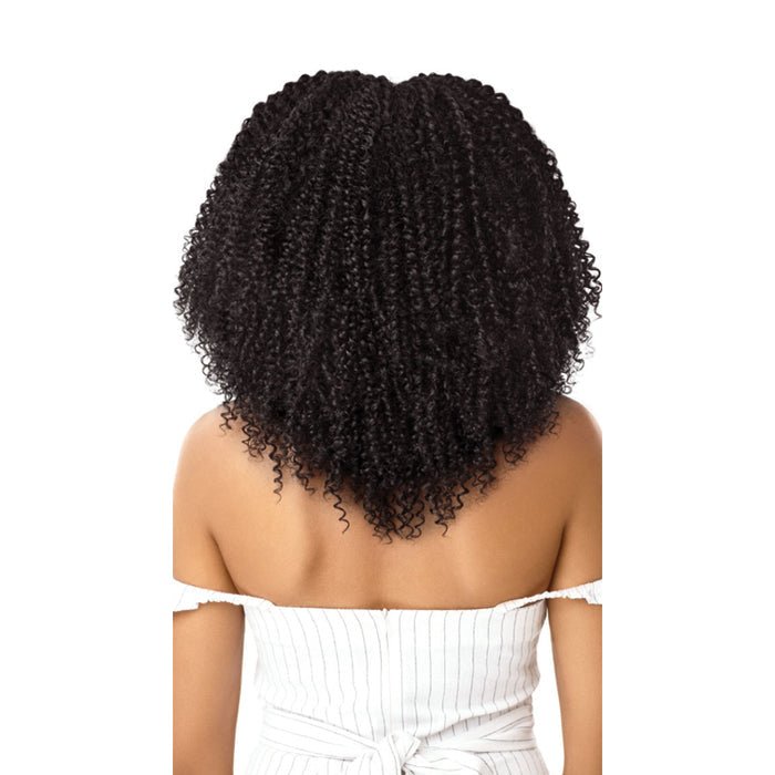 OUTRE 4A kinky curly clip in hair extensions. Natural black clip in shown on model back for volume and texture