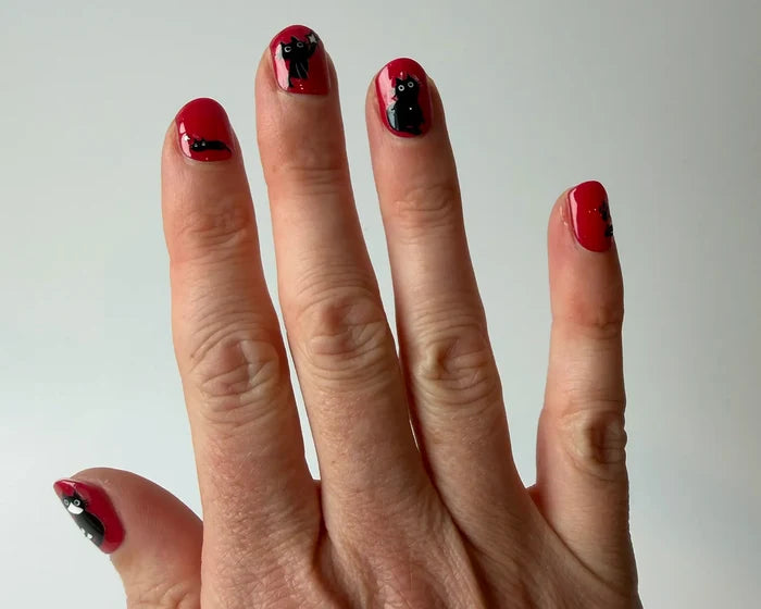 Black Cats nail art decals, close-up, alternate view