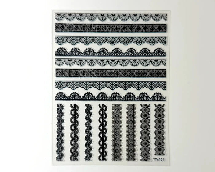 Black Lace Trim nail art decals, straight-on view