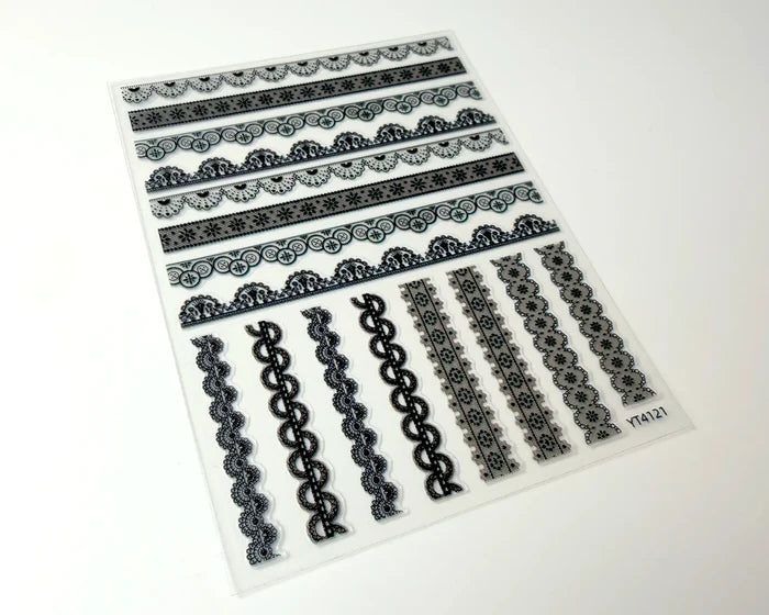 Black Lace Trim nail art decals, angled close-up