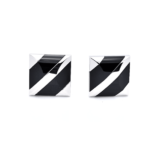 T.M.J black onyx cufflinks with silver diagonal stripes and square design