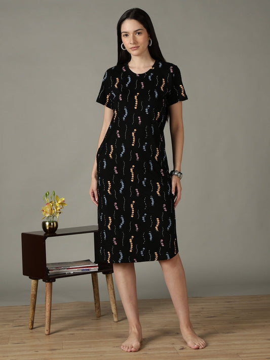 Black printed soft cotton short nighty for women