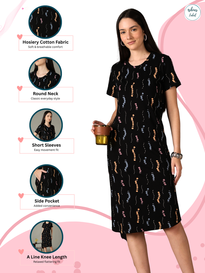 Black printed soft cotton short nighty for women