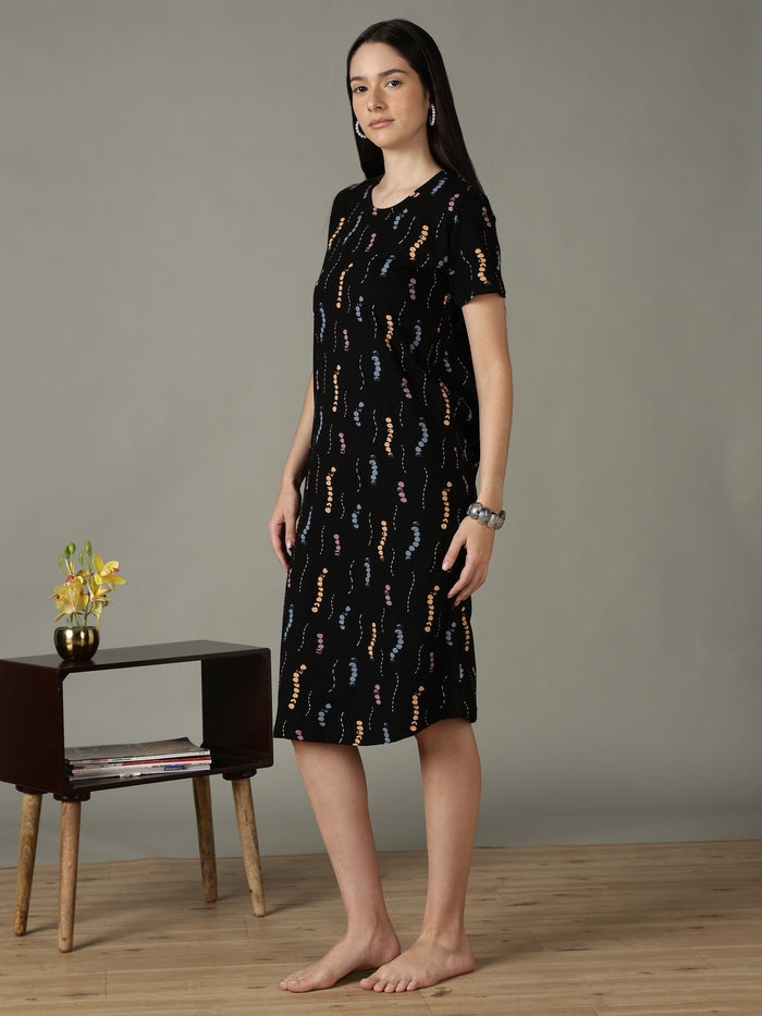 Black printed soft cotton short nighty for women