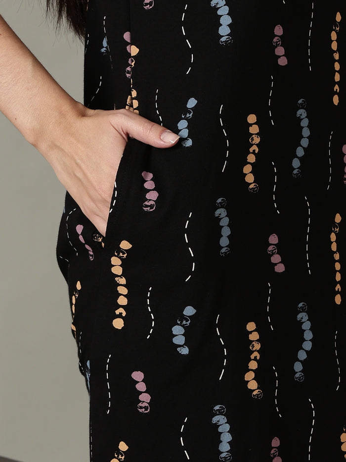 Black printed soft cotton short nighty for women