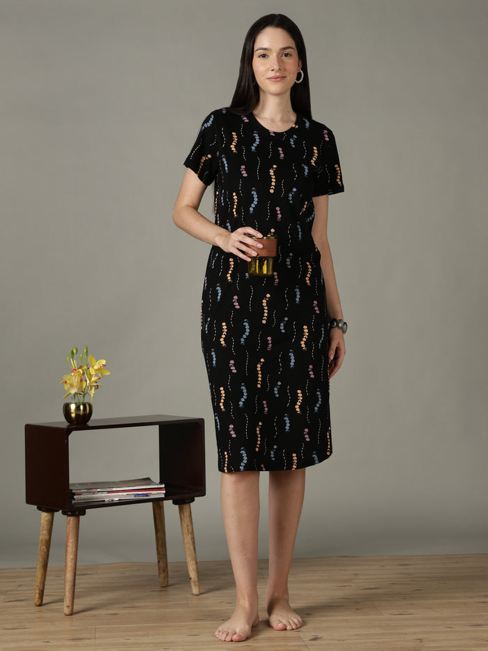 Black printed soft cotton short nighty for women