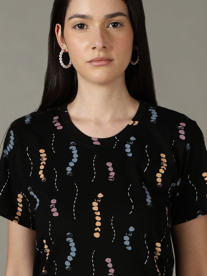 Black printed soft cotton short nighty for women