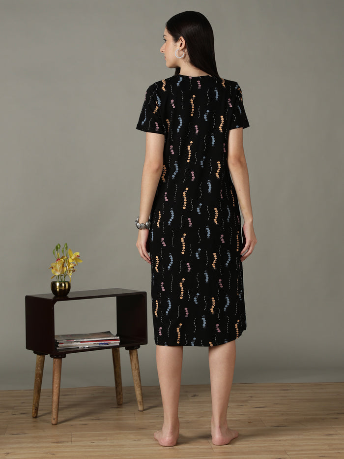 Black printed soft cotton short nighty for women
