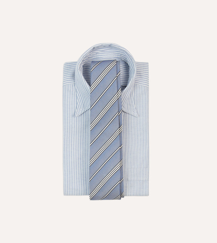 Blue, Navy and Ecru Twill Stripe Tipped Silk Grenadine Tie