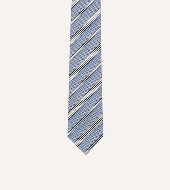 Blue, Navy and Ecru Twill Stripe Tipped Silk Grenadine Tie