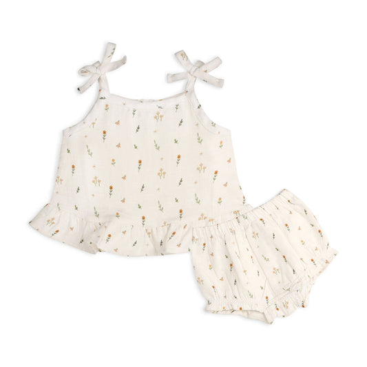 Boho Floral Shoulder Tie Shirt Top & Bloomer Set (Organic Muslin)