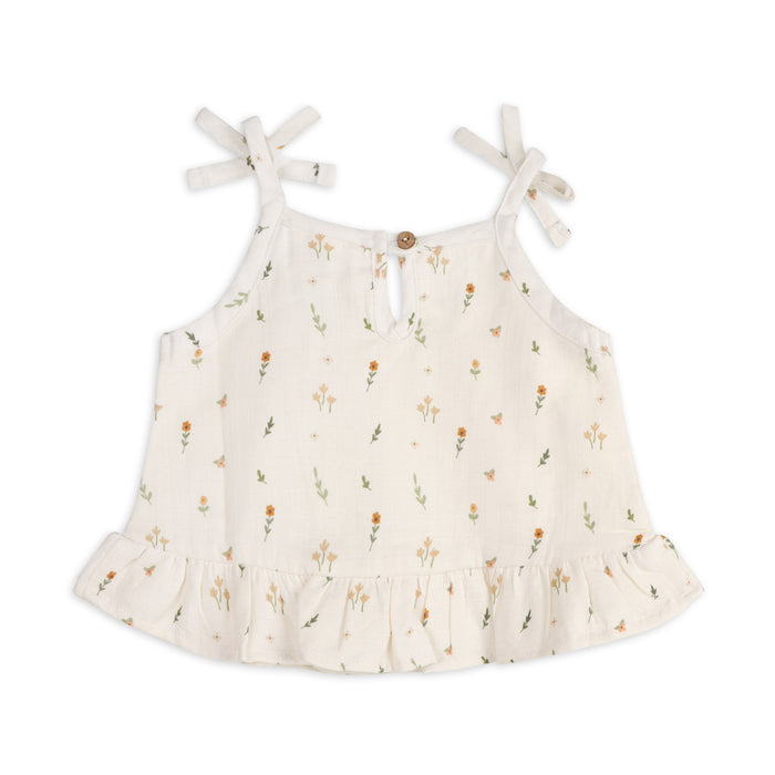 Boho Floral Shoulder Tie Shirt Top & Bloomer Set (Organic Muslin)