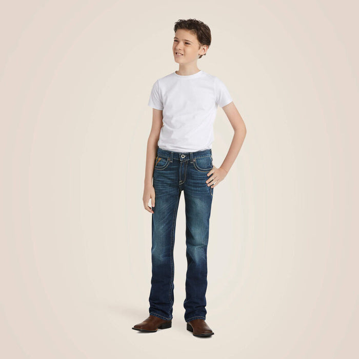 Boy's Ariat B5 Slim Fit jeans in a dark wash. Full Front View