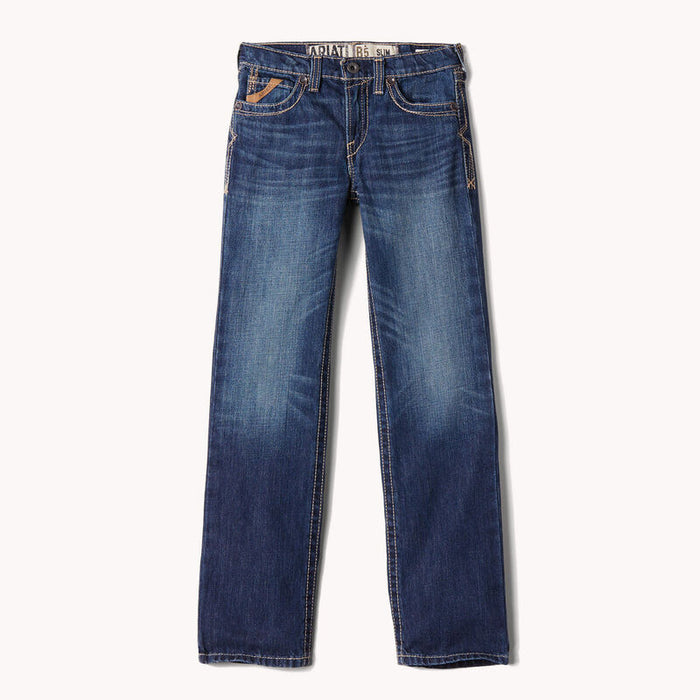 Boy's Ariat B5 Slim Fit jeans in a dark wash. Jean laid out off model.