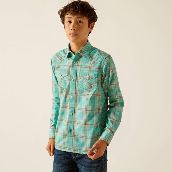 Boy's Ariat long sleeve retro snap shirt in Blue Turquoise. Front view showing shirt untucked.