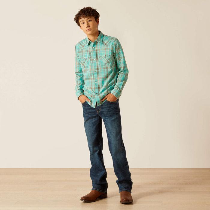 Boy's Ariat long sleeve retro snap shirt in Blue Turquoise. Full front view showing shirt untucked.