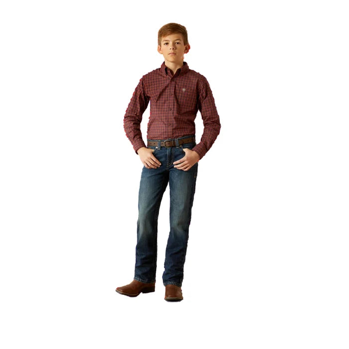 Boy's Ariat Pro series long sleeve shirt in Burgundy Plaid. Full front view shirt tucked in.