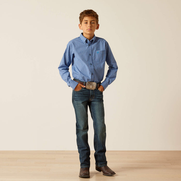 Boy's Ariat long sleeve Pro Series shirt in Blue Plaid. Full front view showing shirt tucked in.