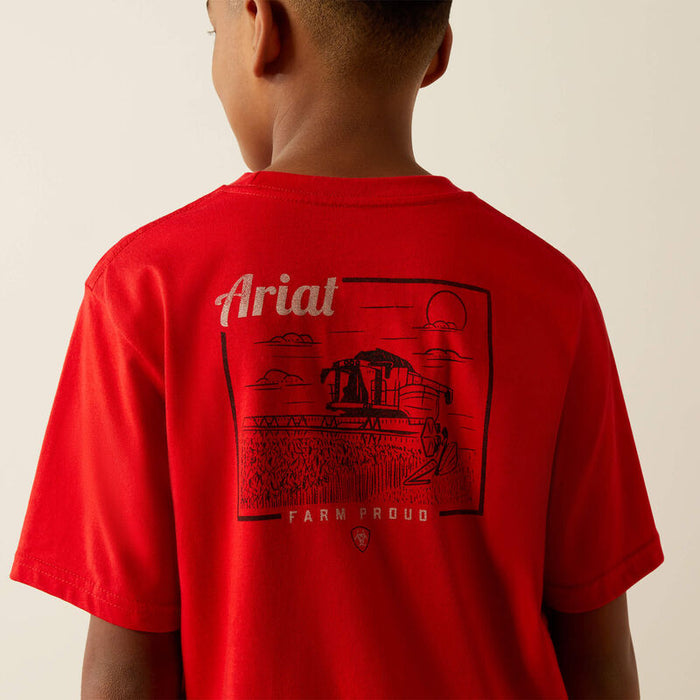 Boy's Ariat short sleeve tee in Redline. Rear view showing Ariat logo and farming graphic.