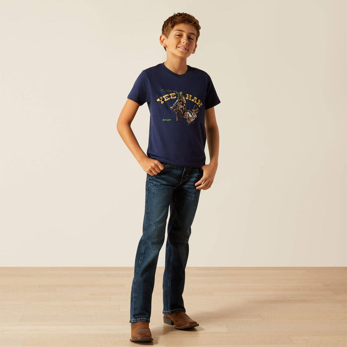 Boy's Ariat short sleeve t-shirt in Dark Navy with a "Yee Haw" Graphic print on front showing a cowboy roping a jackalope.