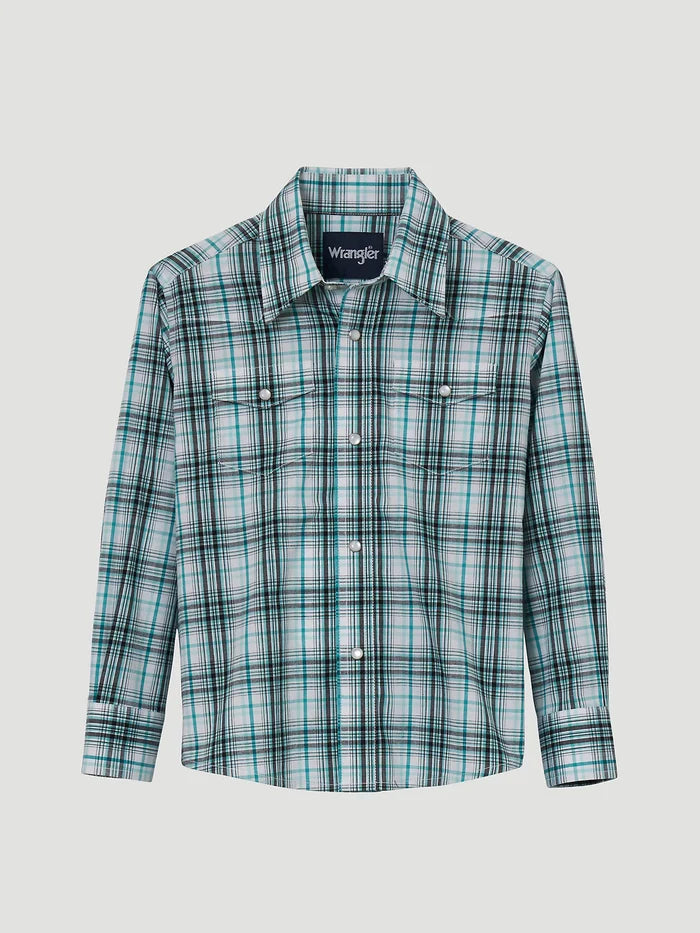 Boy's Wrangler®Classic Fit Aqua Plaid Long Sleeve Snap Shirt CLOSEOUT