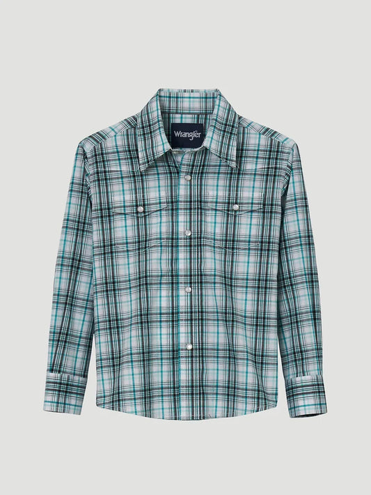 Boy's Wrangler®Classic Fit Aqua Plaid Long Sleeve Snap Shirt CLOSEOUT