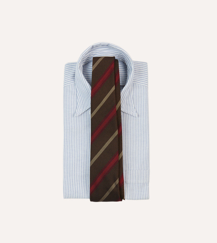 Brown, Red and Ecru Stripe Hand Rolled Silk Grenadine Tie