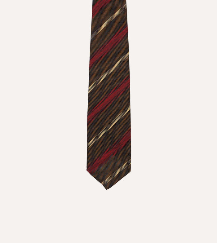 Brown, Red and Ecru Stripe Hand Rolled Silk Grenadine Tie