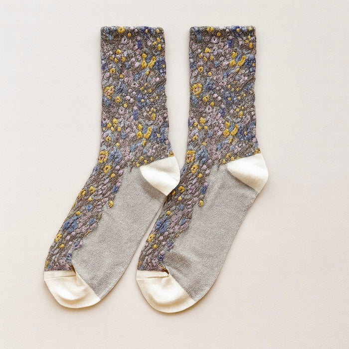 "Brueghel" Floral Applique and Pointelle Crew Sock